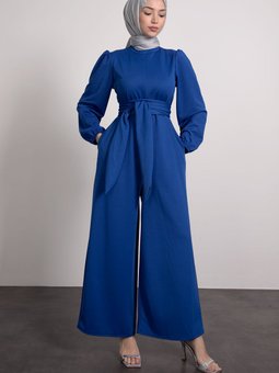 Geniş Kuşak Dolamalı Tulum Saks Mavisi