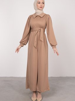 Gömlek Yaka Kuşaklı Tulum Vizon