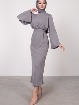 Volan Kol Kuşaklı Elbise Gri