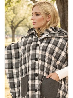 Kapüşonlu Ekose Desenli Gri Panço