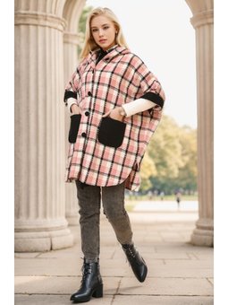 Kapüşonlu Ekose Desenli Gül Kurusu Panço