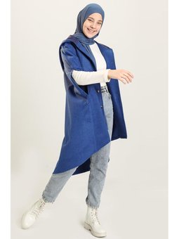 Kapüşonlu Kaşe Saks Mavisi Panço