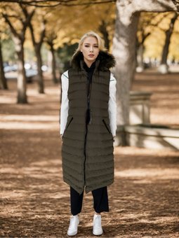 Kürk Kapüşonlu Kemerli Şişme Haki Yelek