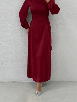 Belden Bağlama Detaylı Saten Abiye Elbise Bordo