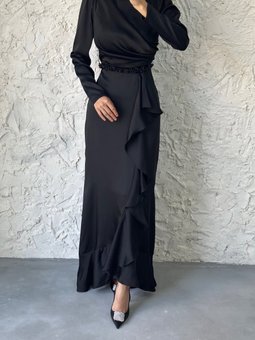 Belden Boncuk Detaylı Saten Abiye Elbise Siyah