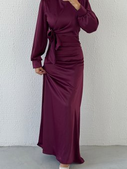 Büzgü Ve Düğüm Detaylı Saten Abiye Elbise Mürdüm