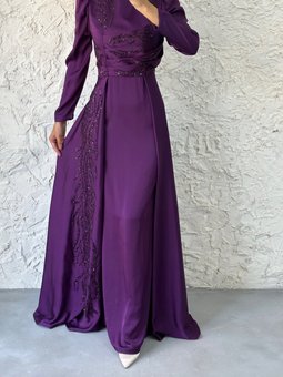 Eşsiz Taş Detaylı Pelerinli Mor Abiye Elbise