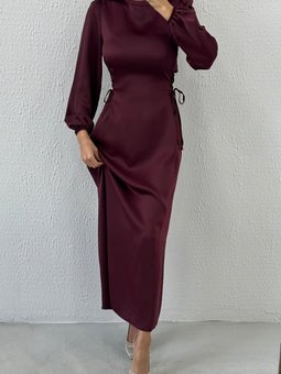 Ince Bel Tasarımı Belden Bağlama Mürdüm Abiye Elbise