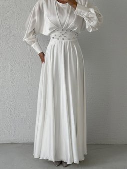 Taşlı Bel Detayı Ile Şık Ekru Saten Abiye Elbise