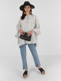 Yarım Düğmeli Püskül Detaylı Siyah Tunik