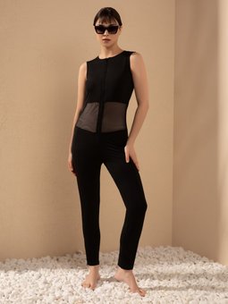 Kolsuz File Detaylı Tulum Siyah Yarım Kapalı Mayo