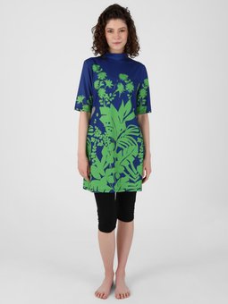 Yeşil Lycra Mavi Desenli Yarım Kapalı Mayo