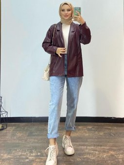 Düğme Detaylı Suni Deri Kısa Ceket Bordo