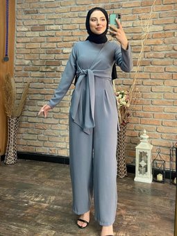 Kuşak Detaylı Krep Kumaş Tulum Gri