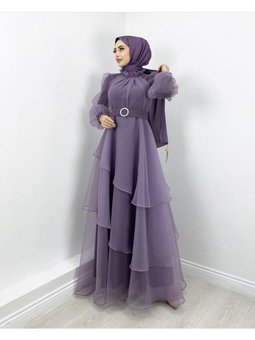 Asimetrik Katlı Fırfır Ve Kemer Detaylı Tül Abiye Elbise