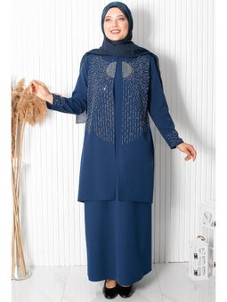 Büyük Beden Taşlı Abiye Elbise Lacivert