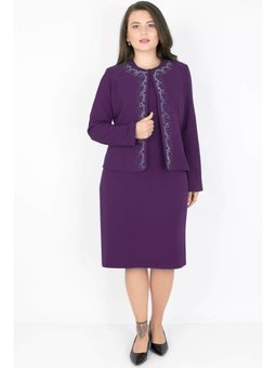 Büyük Beden Taşlı Ceket Etek Takım Mor