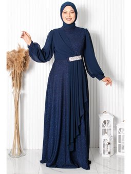 Şehrazat Simli Büyük Beden Abiye Elbise Lacivert