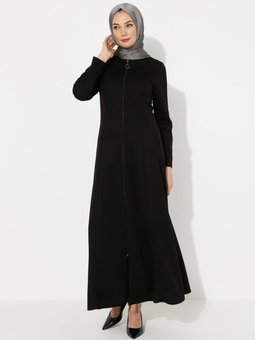 Çift Cepli Boydan Fermuarlı Ferace Siyah 1475536
