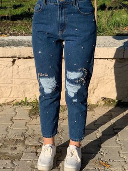 24k4520 Koyu Mavi Serpme Çakma Taşlı Denim Pantolon