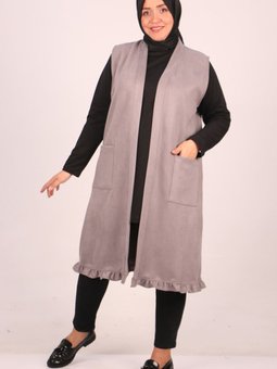 Gri Büyük Beden Cep Detaylı Nubuk Yelek