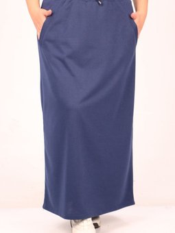Lacivert Büyük Beden İki İplik Cep Detaylı Uzun Etek