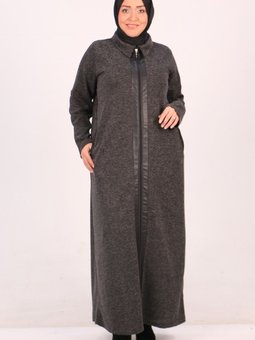 Siyah Büyük Beden Deri Detaylı Petek Triko Ferace