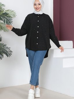 Taş Detaylı Oversize Gömlek Siyah 6068