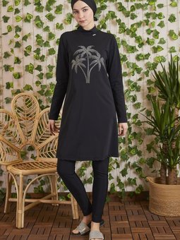 Siyah Sıfır Yaka Taşlı Haşema Tam Kapalı Mayo