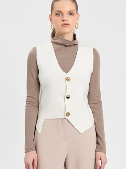 Asimetrik Kesimli Düğmeli Triko Yelek Ekru