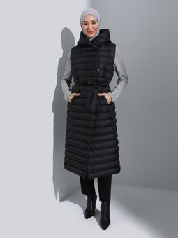 Kapüşonlu Düğme Kapamalı Uzun Şişme Siyah Yelek