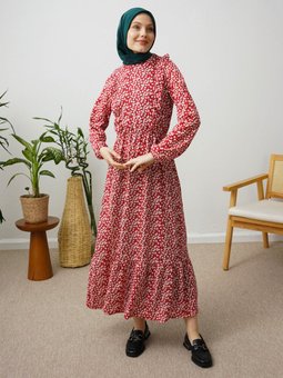 Çiçek Desenli Bordo Elbise