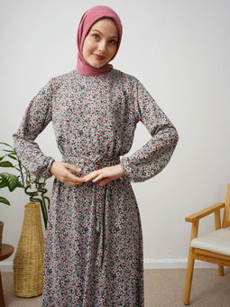 Çiçek Desenli Kuşaklı Çağla Elbise