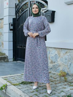 Çiçek Desenli Kuşaklı Saks Mavisi Elbise