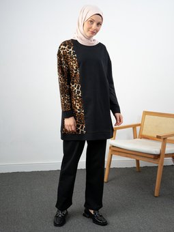 Leopar Desenli İkili Siyah Takım