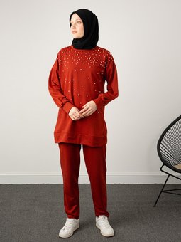 Serpme İnci Detaylı İkili Pantolon Taba Takım