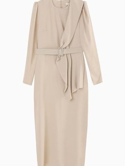 Bej Taşlı Kemerli Krep Abiye Elbise