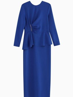 Saks Mavisi Taş Detaylı Scuba Şık Abiye Elbise