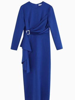 Saks Mavisi Taş Tokalı Saten Abiye Elbise