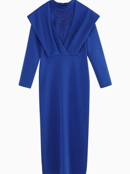 Saks Mavisi Volanlı Scuba Şık Abiye Elbise