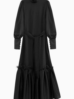 Siyah Eteği Tüylü Saten Abiye Elbise