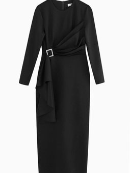 Siyah Taş Tokalı Saten Abiye Elbise