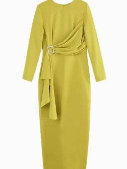 Yağ Yeşili Taş Tokalı Saten Abiye Elbise