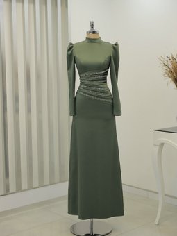 Saten Drapeli Taş Detaylı Hira Abiye Elbise Haki