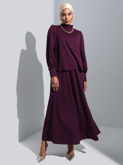 Balon Kollu Tunik & Etek İkili Mürdüm Takım