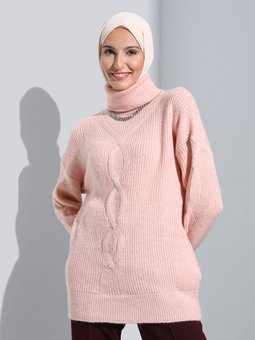 Boğazlı Yaka Saç Örgülü Triko Pudra Tunik