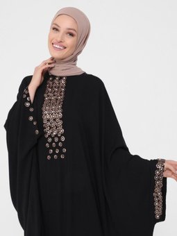 Doğal Kumaşlı Pul Detaylı Ferace Siyah