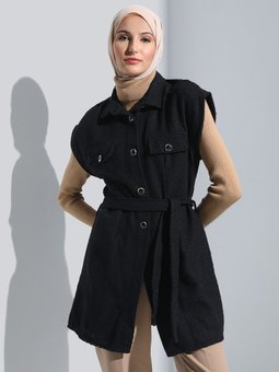 Düğme Detaylı Kuşaklı Tüvid Yelek Siyah