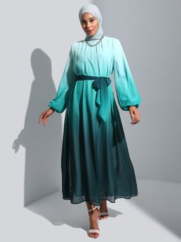 Kuşaklı Degrade Desenli Şifon Yeşill Abiye Elbise