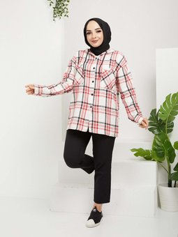 Ekose Kapüşonlu Beyaz Gömlek